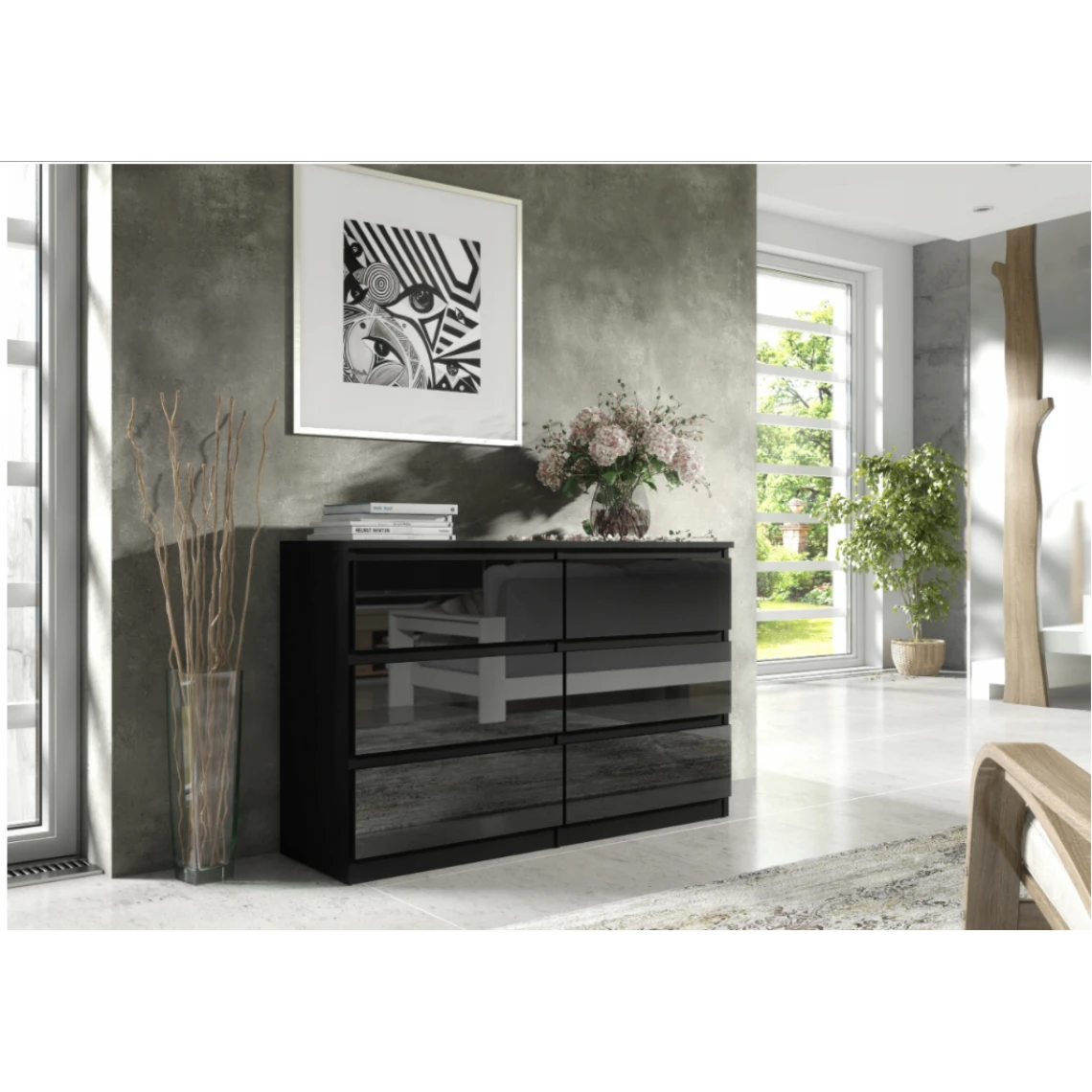 3xeLiving Commode DEMII Avec 6 Tiroirs En Noir/noir Brillant, 120 Cm 1 3xeLiving Commode DEMII Avec 6 Tiroirs En Noir/noir Brillant, 120 Cm