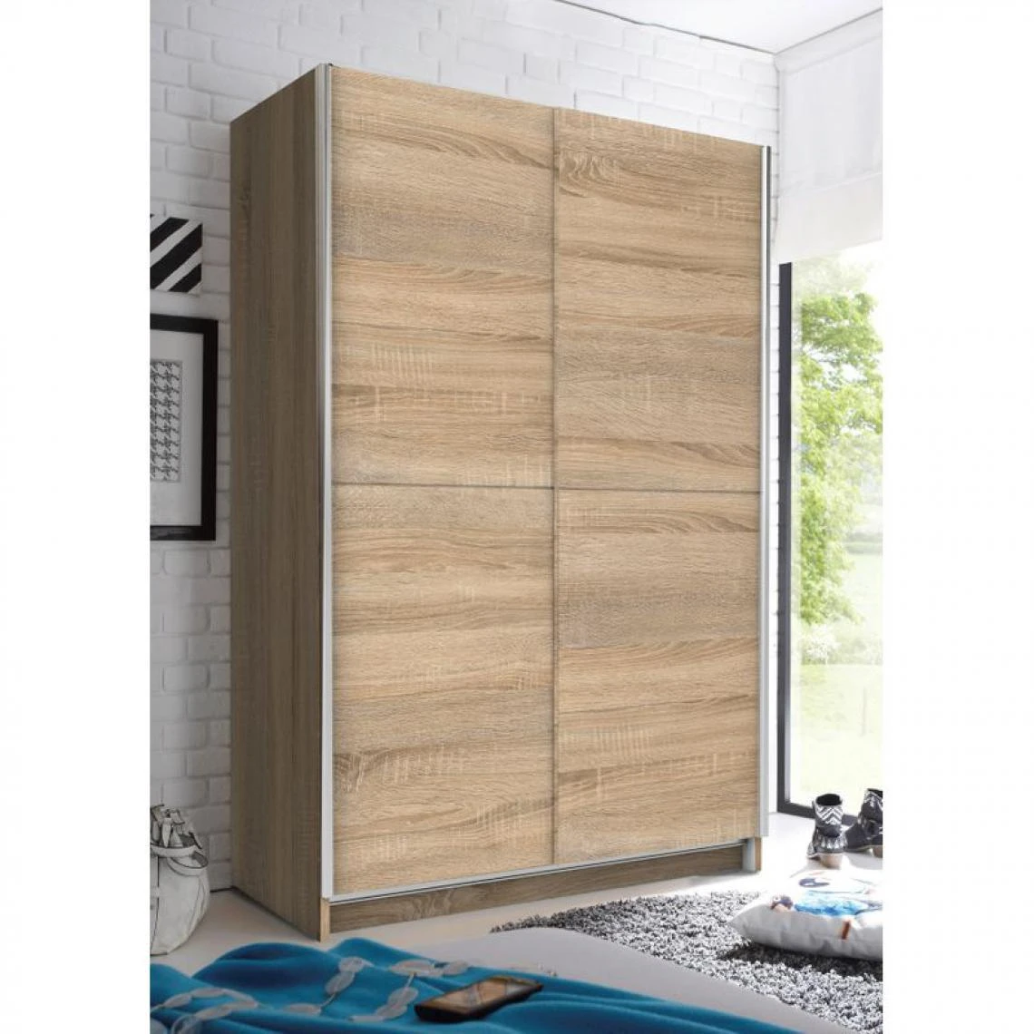 BUT Armoire 2 Portes Coulissantes L.125 Cm FAST Imitation Chêne 2 BUT Armoire 2 Portes Coulissantes L.125 Cm FAST Imitation Chêne – Image 2