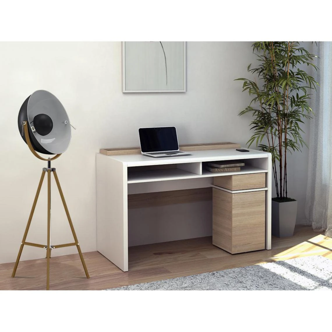 Vente-unique Bureau ASERRI Avec Rangements - Blanc Et Chêne 1 Vente-unique Bureau ASERRI Avec Rangements - Blanc Et Chêne