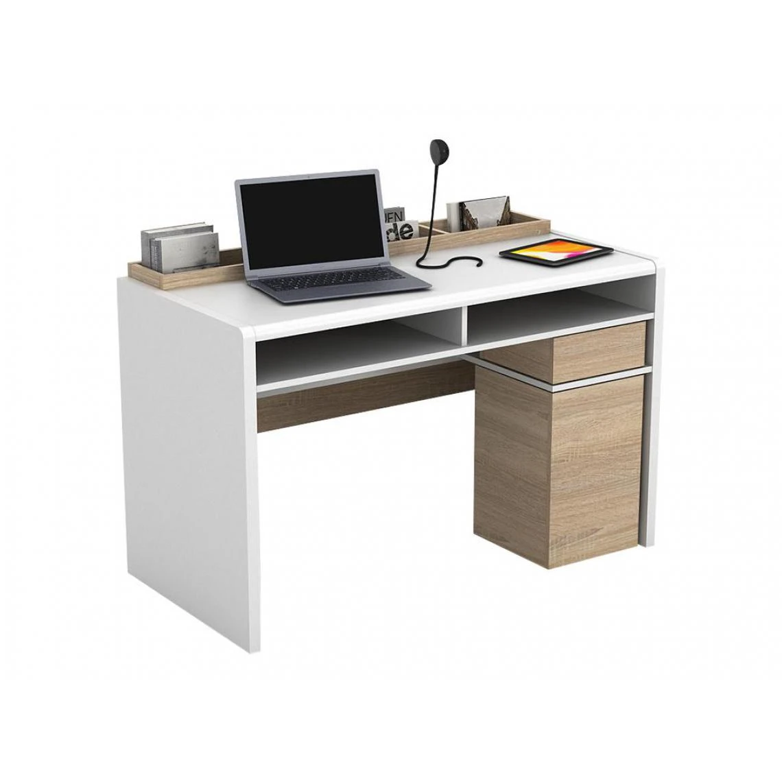 Vente-unique Bureau ASERRI Avec Rangements - Blanc Et Chêne 2 Vente-unique Bureau ASERRI Avec Rangements - Blanc Et Chêne – Image 2