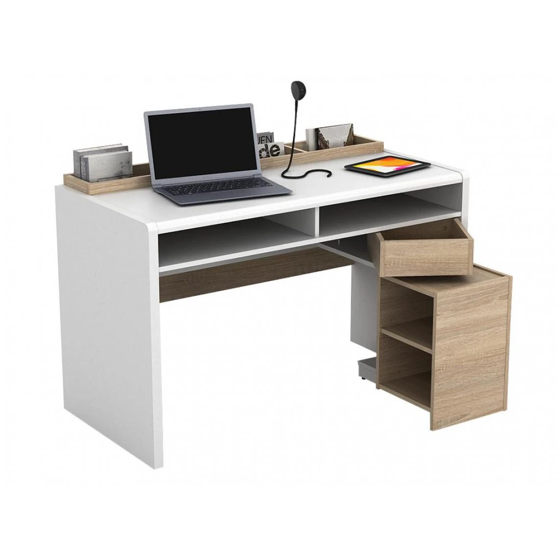 Vente-unique Bureau ASERRI Avec Rangements - Blanc Et Chêne 3 Vente-unique Bureau ASERRI Avec Rangements - Blanc Et Chêne – Image 3