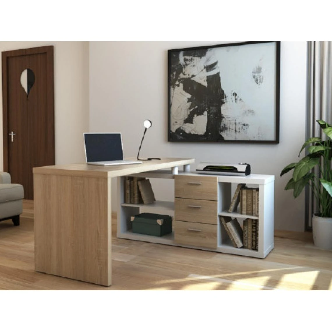 Vente-unique Bureau D'angle Avec Rangements ALDRIC III - Blanc & Chêne 1 Vente-unique Bureau D'angle Avec Rangements ALDRIC III - Blanc & Chêne