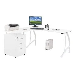 Hjh OFFICE Bureau D'angle CASTOR Avec Caisson à Tiroirs Fixe, Blanc Laqué Hau...