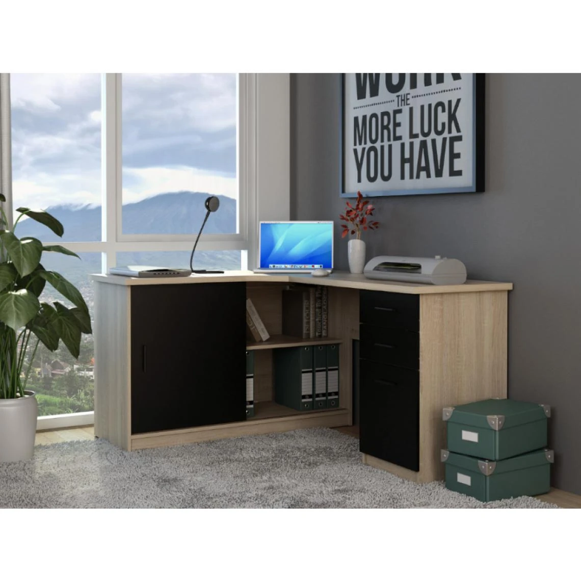 Vente-unique Bureau D'angle NORWY - 2 Portes & 2 Tiroirs - Chêne Et Noir 2 Vente-unique Bureau D'angle NORWY - 2 Portes & 2 Tiroirs - Chêne Et Noir – Image 2