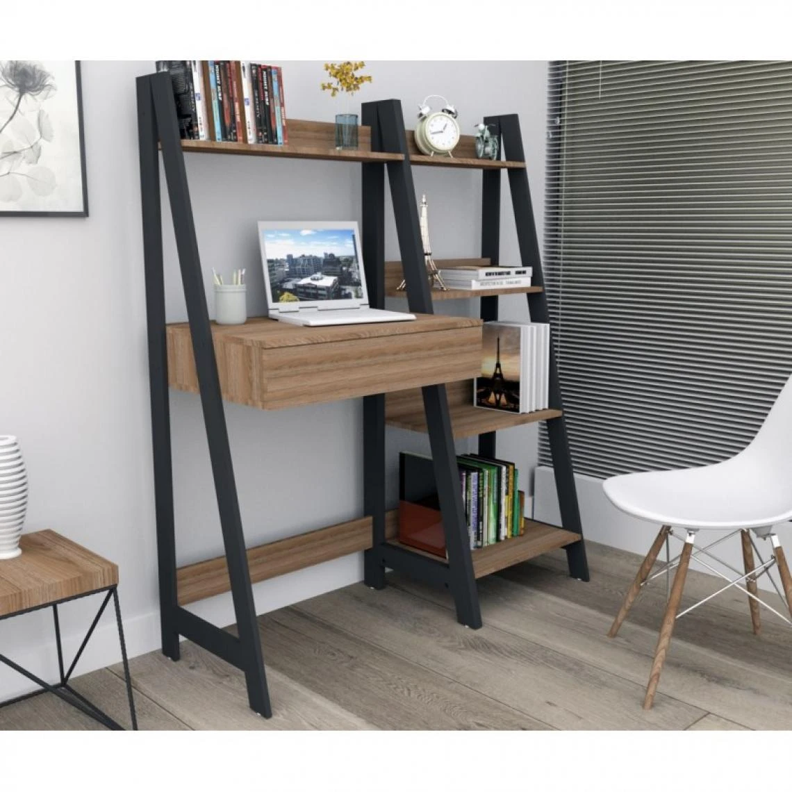 SANS MARQUE Bureau Et Etagère Châtaignier Noir 2 SANS MARQUE Bureau Et Etagère Châtaignier Noir – Image 2