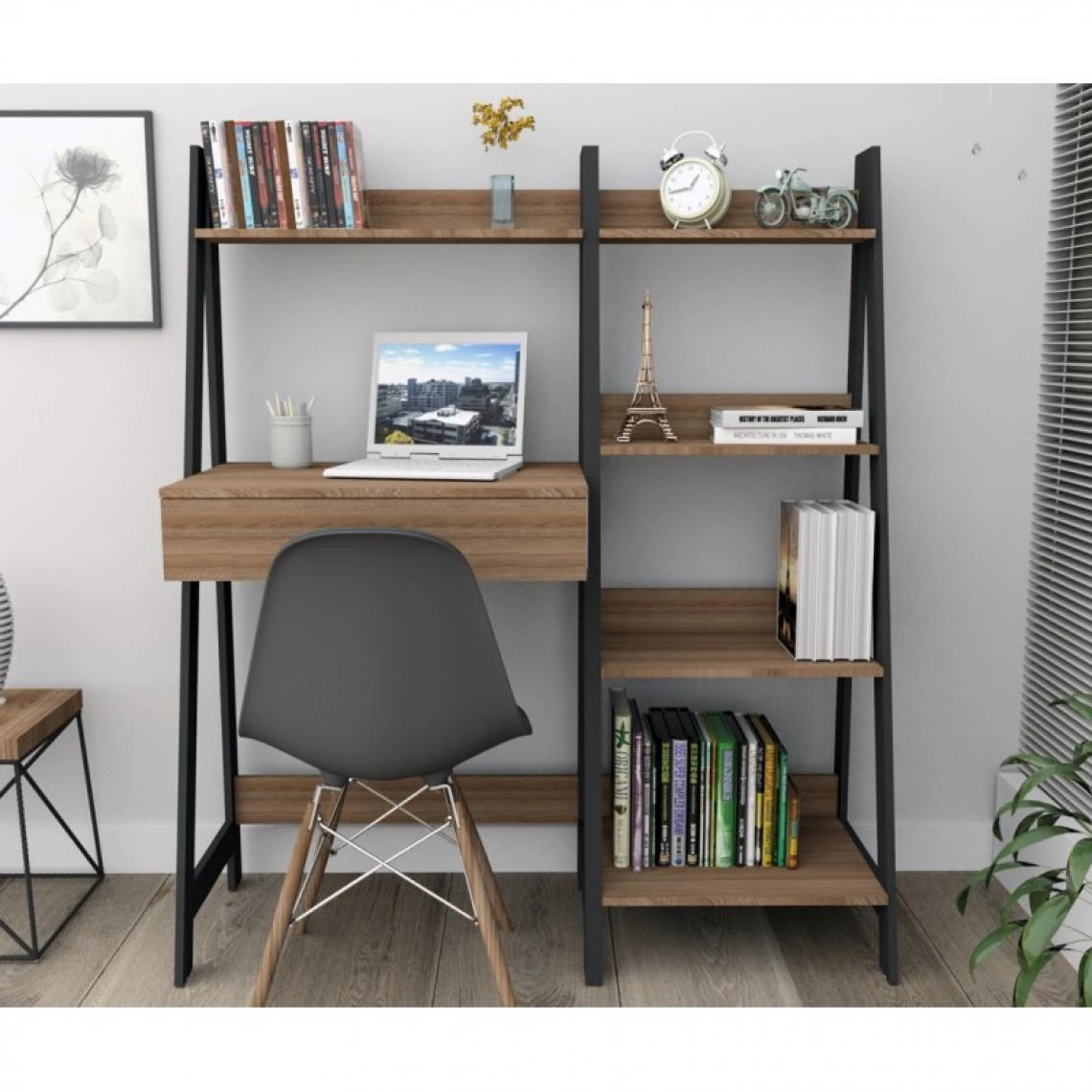 SANS MARQUE Bureau Et Etagère Châtaignier Noir 4 SANS MARQUE Bureau Et Etagère Châtaignier Noir – Image 4