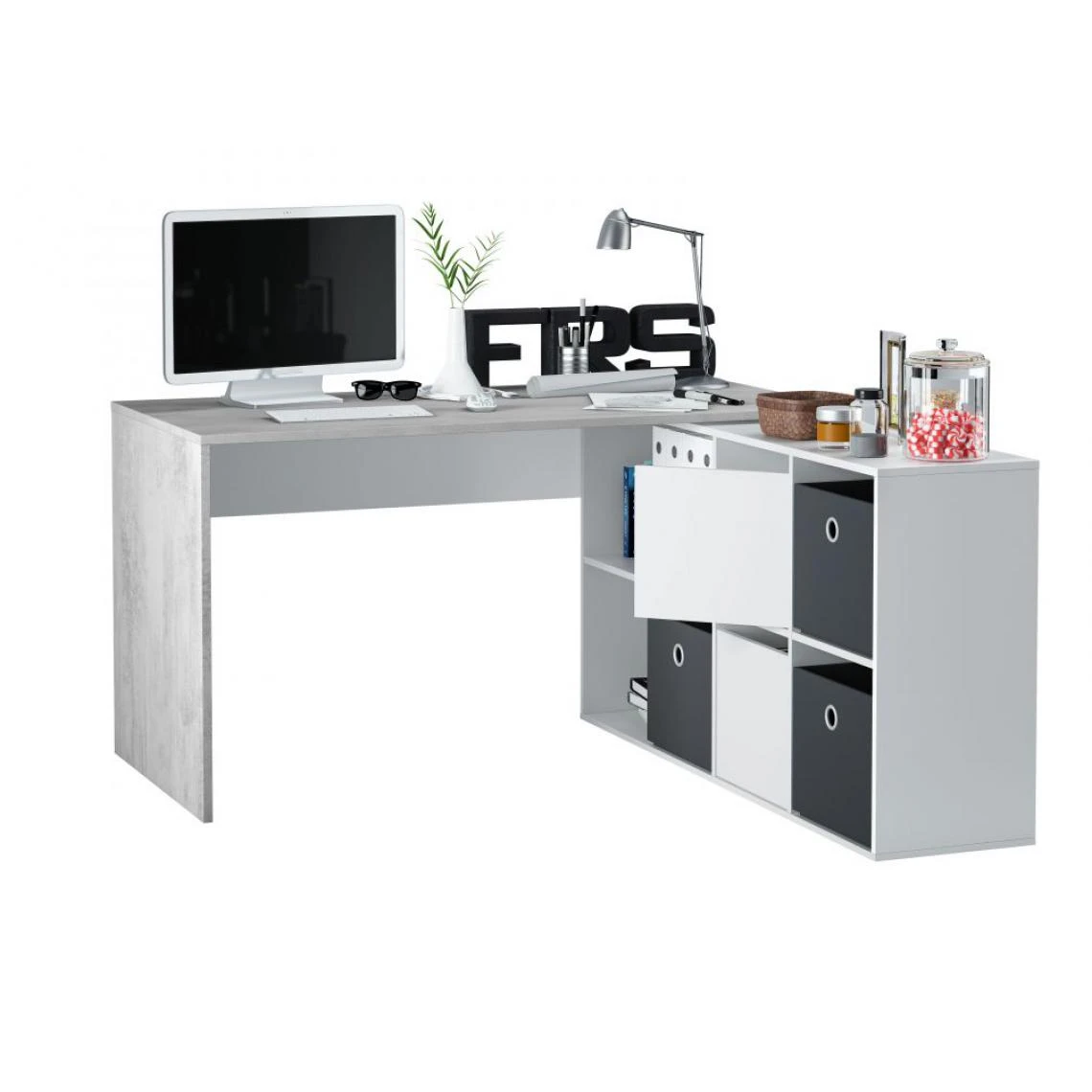 Usinestreet Bureau MARION Avec Caissons Multipositions - Blanc / Béton 1 Usinestreet Bureau MARION Avec Caissons Multipositions - Blanc / Béton