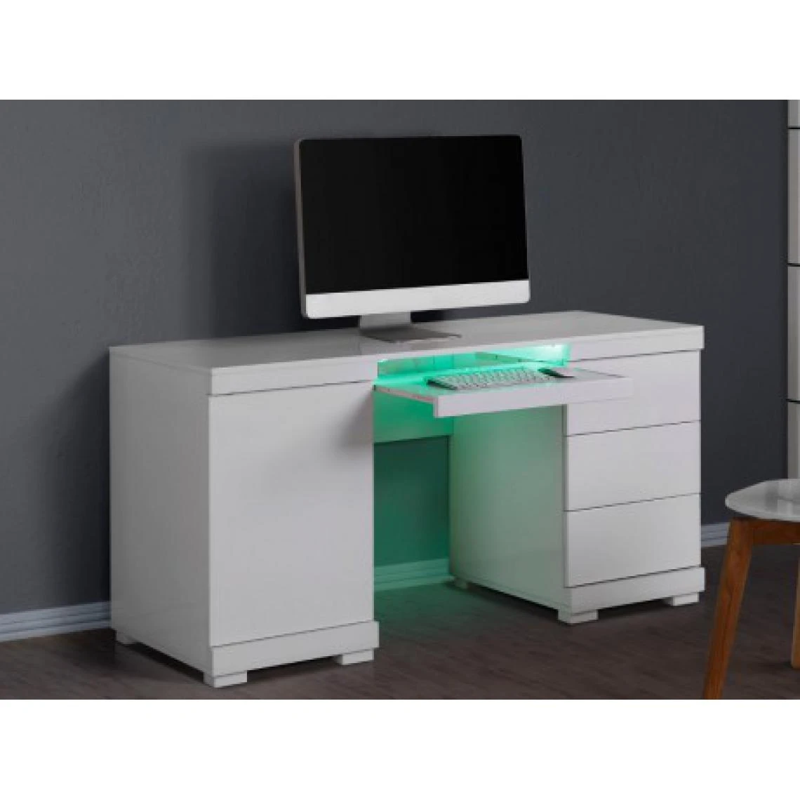 Vente-unique Bureau PLUTON - MDF Laqué Blanc - LEDs - 1 Porte & 3 Tiroirs 1 Vente-unique Bureau PLUTON - MDF Laqué Blanc - LEDs - 1 Porte & 3 Tiroirs