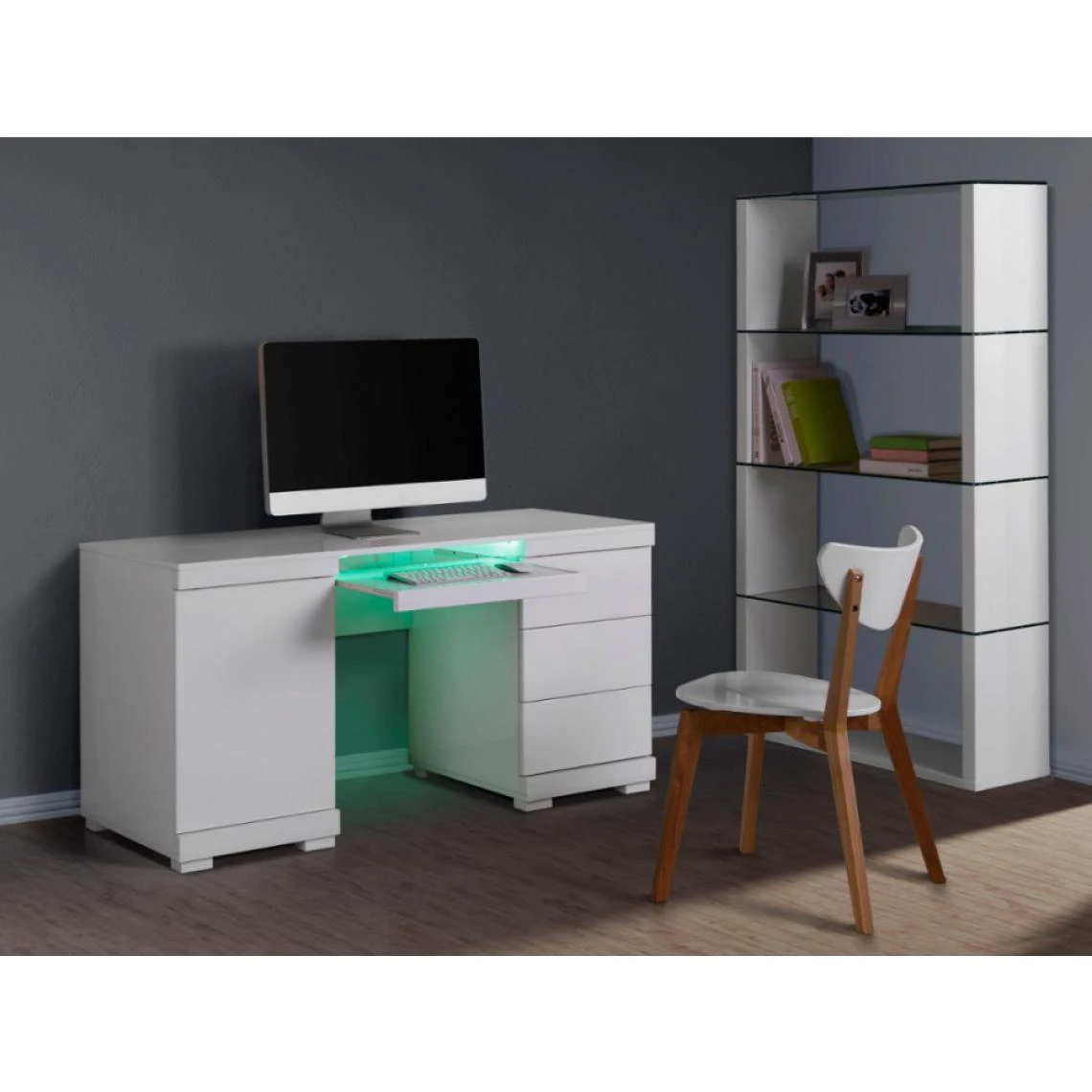 Vente-unique Bureau PLUTON - MDF Laqué Blanc - LEDs - 1 Porte & 3 Tiroirs 2 Vente-unique Bureau PLUTON - MDF Laqué Blanc - LEDs - 1 Porte & 3 Tiroirs – Image 2