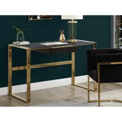 Vente-unique Bureau SALI - 1 Tiroir - Verre Trempé Et Acier - Noir Et Doré