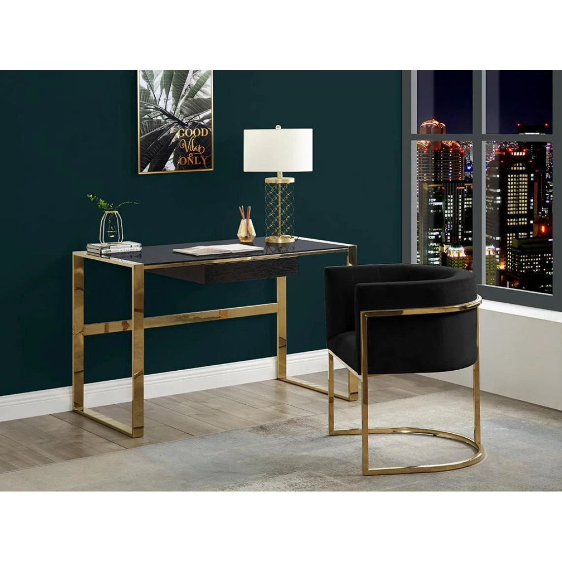 Vente-unique Bureau SALI - 1 Tiroir - Verre Trempé Et Acier - Noir Et Doré 2 Vente-unique Bureau SALI - 1 Tiroir - Verre Trempé Et Acier - Noir Et Doré – Image 2