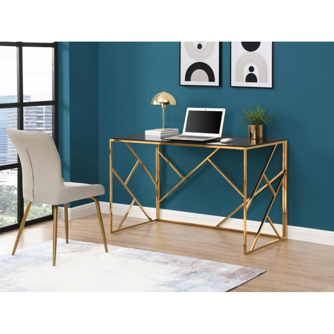Vente-unique Bureau En Verre Trempé Et Acier - Doré Et Noir - ATHENA 1 Vente-unique Bureau En Verre Trempé Et Acier - Doré Et Noir - ATHENA