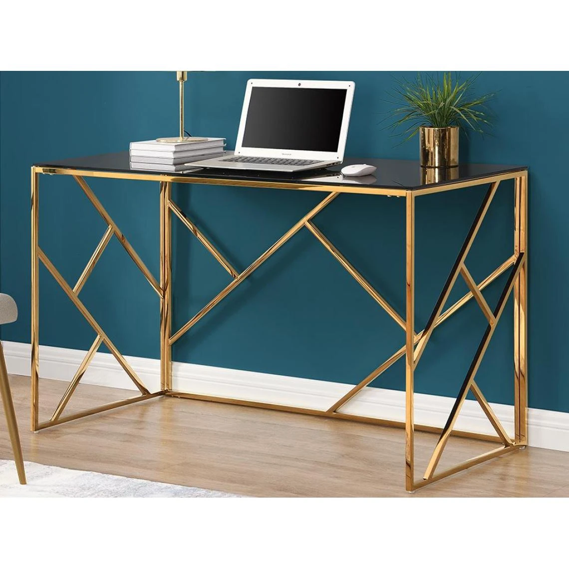 Vente-unique Bureau En Verre Trempé Et Acier - Doré Et Noir - ATHENA 2 Vente-unique Bureau En Verre Trempé Et Acier - Doré Et Noir - ATHENA – Image 2