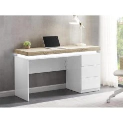 Vente-unique Bureau Avec 3 Tiroirs Et LEDs - MDF Laqué Blanc Et Naturel - HALO