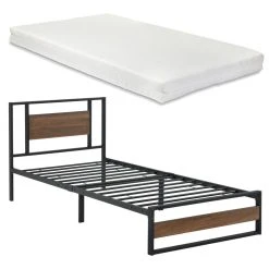 En.casa Cadre De Lit Simple Villach Matelas 90 X 200 Cm Noir Mat Effet Noyer [...