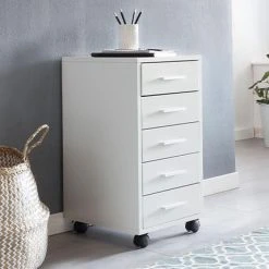 MES Caisson à Roulettes 5 Tiroirs 33x38x63 Cm Décor Blanc