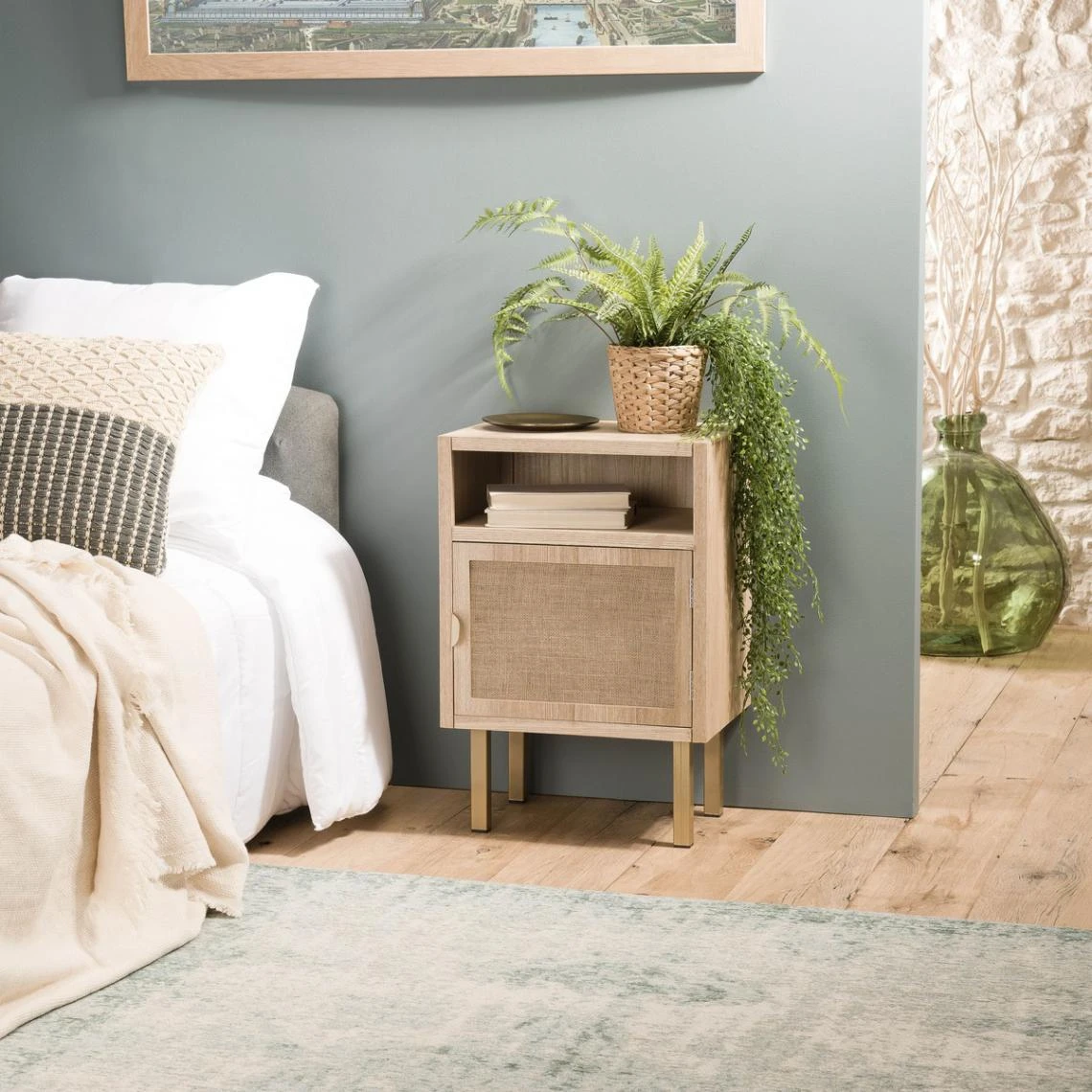 MACABANE Chevet ALINE 1 Niche 1 Porte Toile De Jute Pieds Métal Doré 13 MACABANE Chevet ALINE 1 Niche 1 Porte Toile De Jute Pieds Métal Doré – Image 13