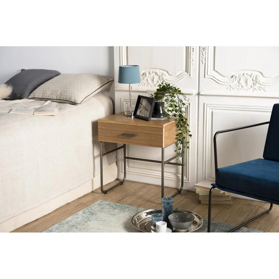 MACABANE Chevet 1 Tiroir En Bois Et Pieds Métal CARLA 1 MACABANE Chevet 1 Tiroir En Bois Et Pieds Métal CARLA