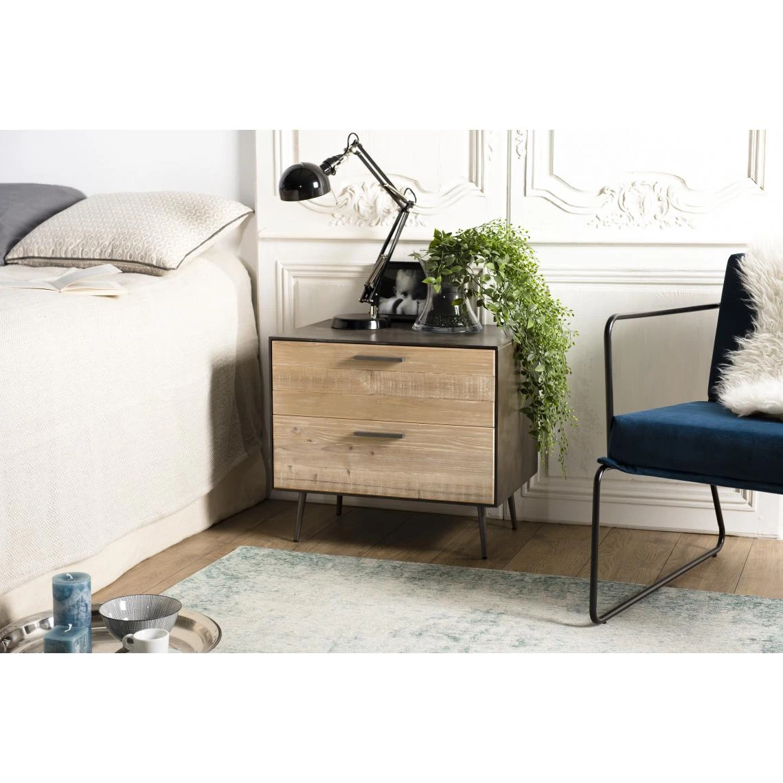 MACABANE Chevet 2 Tiroirs Sapin Et Pieds Métal CARLA 1 MACABANE Chevet 2 Tiroirs Sapin Et Pieds Métal CARLA