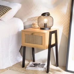 MACABANE Chevet Marron 1 Tiroir Effet Cannage Pieds Inclinés Métal CHARLIE