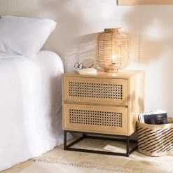 MACABANE Chevet Marron 2 Tiroirs Effet Cannage Pieds Métal Noir CHARLIE