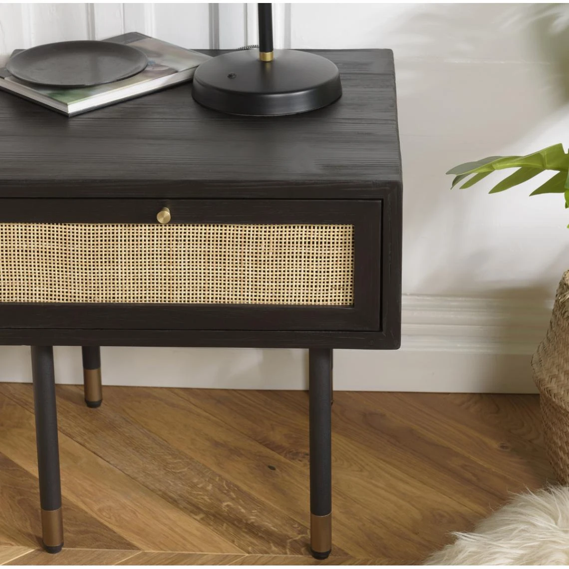 MACABANE Chevet Noir 1 Tiroir Cannage YANIS 2 MACABANE Chevet Noir 1 Tiroir Cannage YANIS – Image 2