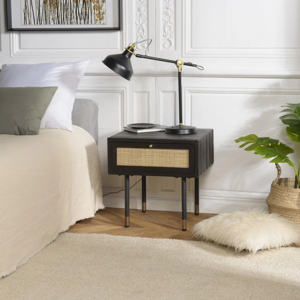 MACABANE Chevet Noir 1 Tiroir Cannage YANIS 7 MACABANE Chevet Noir 1 Tiroir Cannage YANIS – Image 7