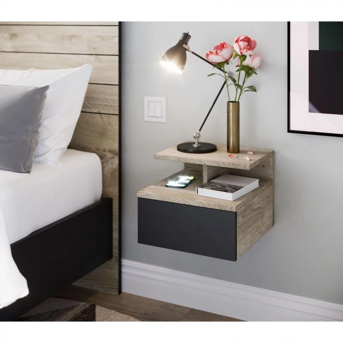 BUT Chevet Suspendu Avec Tiroir LANASH Noir Et Imitation Chêne 2 BUT Chevet Suspendu Avec Tiroir LANASH Noir Et Imitation Chêne – Image 2