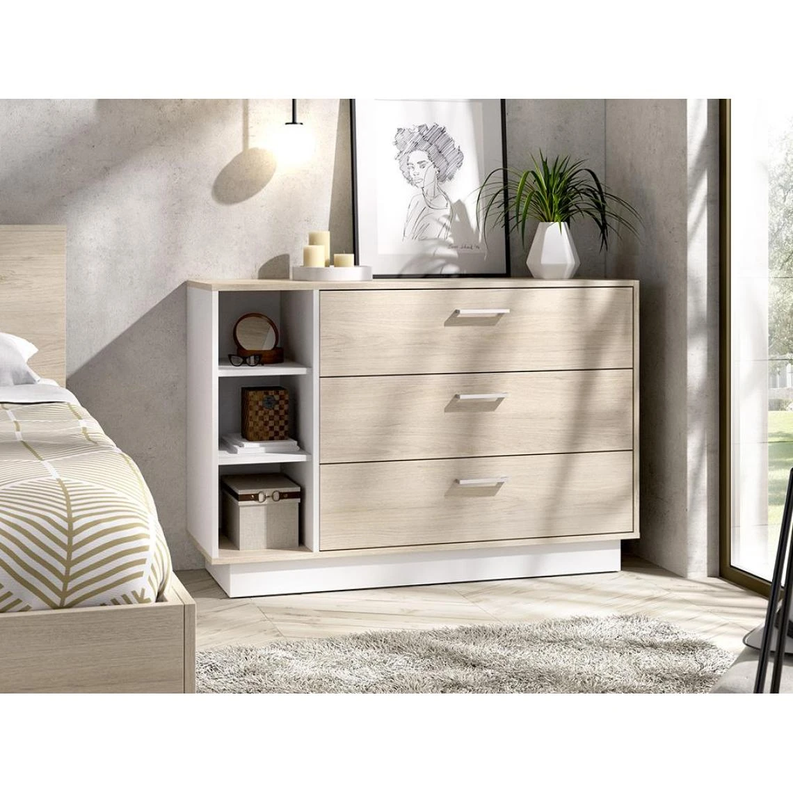 Vente-unique Commode 3 Tiroirs Et 3 Niches - Coloris : Naturel Et Blanc - LEANDRE 1 Vente-unique Commode 3 Tiroirs Et 3 Niches - Coloris : Naturel Et Blanc - LEANDRE