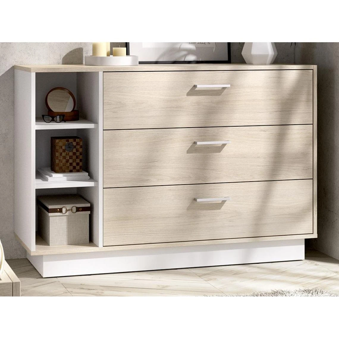 Vente-unique Commode 3 Tiroirs Et 3 Niches - Coloris : Naturel Et Blanc - LEANDRE 2 Vente-unique Commode 3 Tiroirs Et 3 Niches - Coloris : Naturel Et Blanc - LEANDRE – Image 2