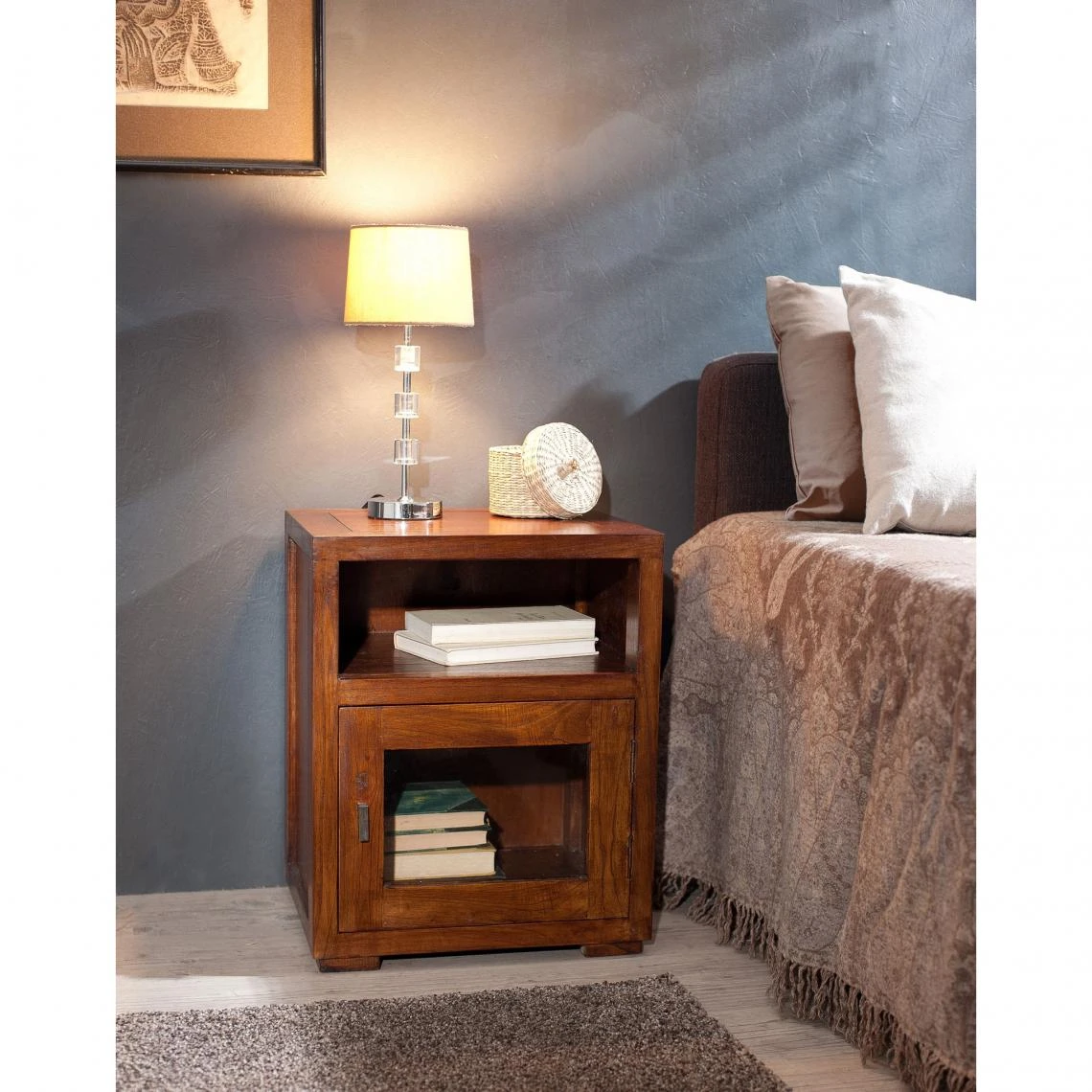 MACABANE Chevet 1 Niche 1 Porte Vitrée En Bois Mindi - Unique 2 MACABANE Chevet 1 Niche 1 Porte Vitrée En Bois Mindi - Unique – Image 2