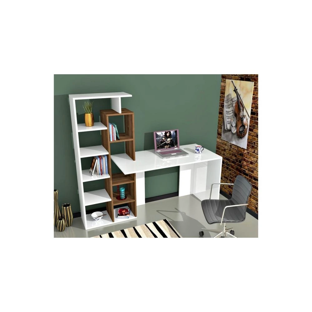 HOMEMANIA Bureau Poly Avec Bibliothèque Intégrée - Avec Étagères ... 2 HOMEMANIA Bureau Poly Avec Bibliothèque Intégrée - Avec Étagères ... – Image 2