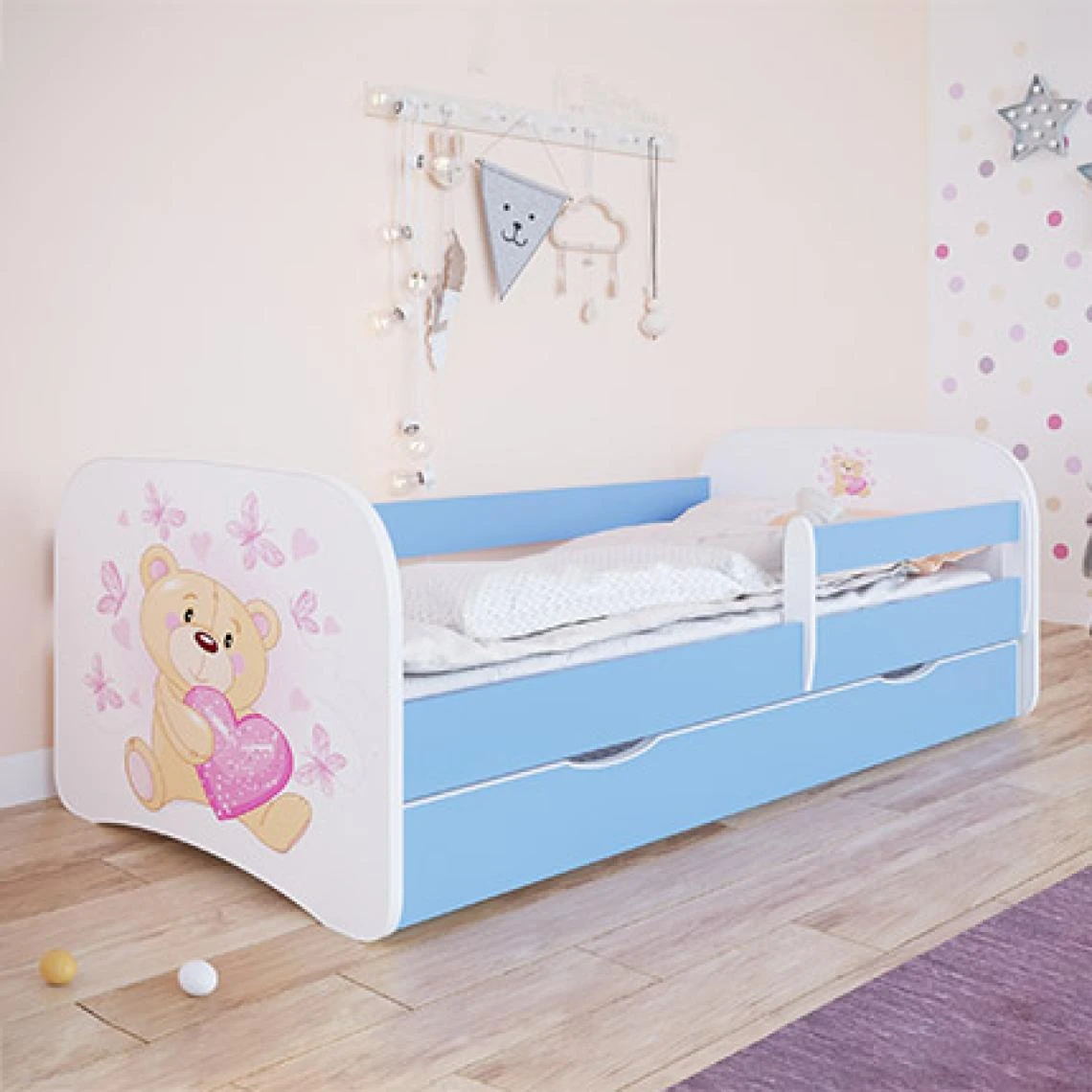 MES Lit 70x140 Cm Bleu + Matelas Et Tiroir Décor Ourson Et Coeurs - HEROS 1 MES Lit 70x140 Cm Bleu + Matelas Et Tiroir Décor Ourson Et Coeurs - HEROS