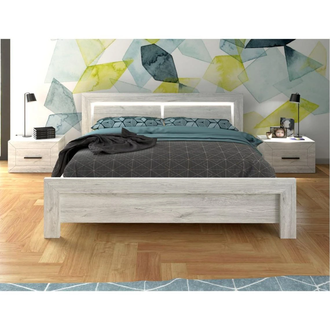 Altobuy METRIK - Lit 140x190cm Avec Leds + 2 Chevets 1 Tiroir 1 Altobuy METRIK - Lit 140x190cm Avec Leds + 2 Chevets 1 Tiroir