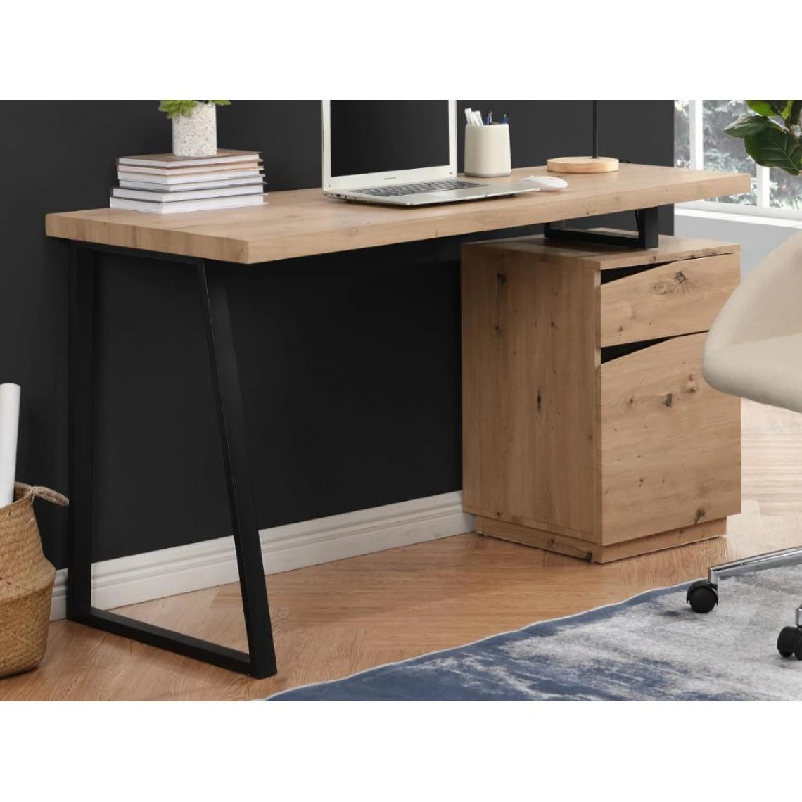 Vente-unique Bureau GOTAMA - 1 Tiroir Et 1 Porte - MDF Et Acier - Chêne Et Noir 2 Vente-unique Bureau GOTAMA - 1 Tiroir Et 1 Porte - MDF Et Acier - Chêne Et Noir – Image 2