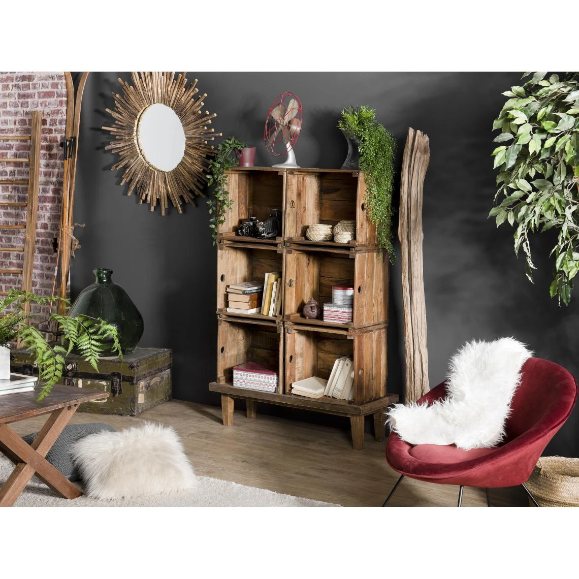 MACABANE Meuble De Rangement NOLAN 6 Caisses Bois Mahogagny - Esprit Brocante 1 MACABANE Meuble De Rangement NOLAN 6 Caisses Bois Mahogagny - Esprit Brocante