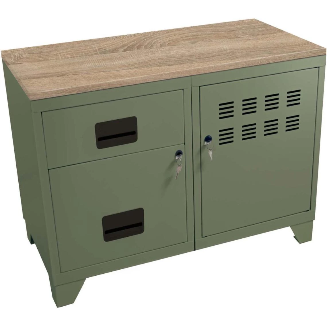 PIERRE HENRY Meuble Rangement Métal 1 Porte 2 Tiroirs Kaki. 1 PIERRE HENRY Meuble Rangement Métal 1 Porte 2 Tiroirs Kaki.