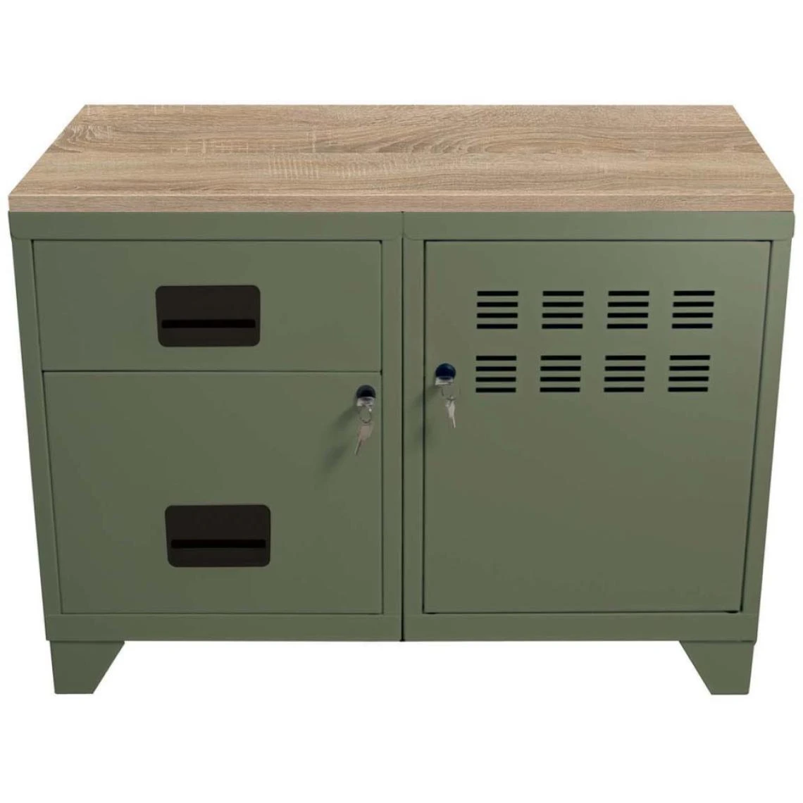 PIERRE HENRY Meuble Rangement Métal 1 Porte 2 Tiroirs Kaki. 2 PIERRE HENRY Meuble Rangement Métal 1 Porte 2 Tiroirs Kaki. – Image 2