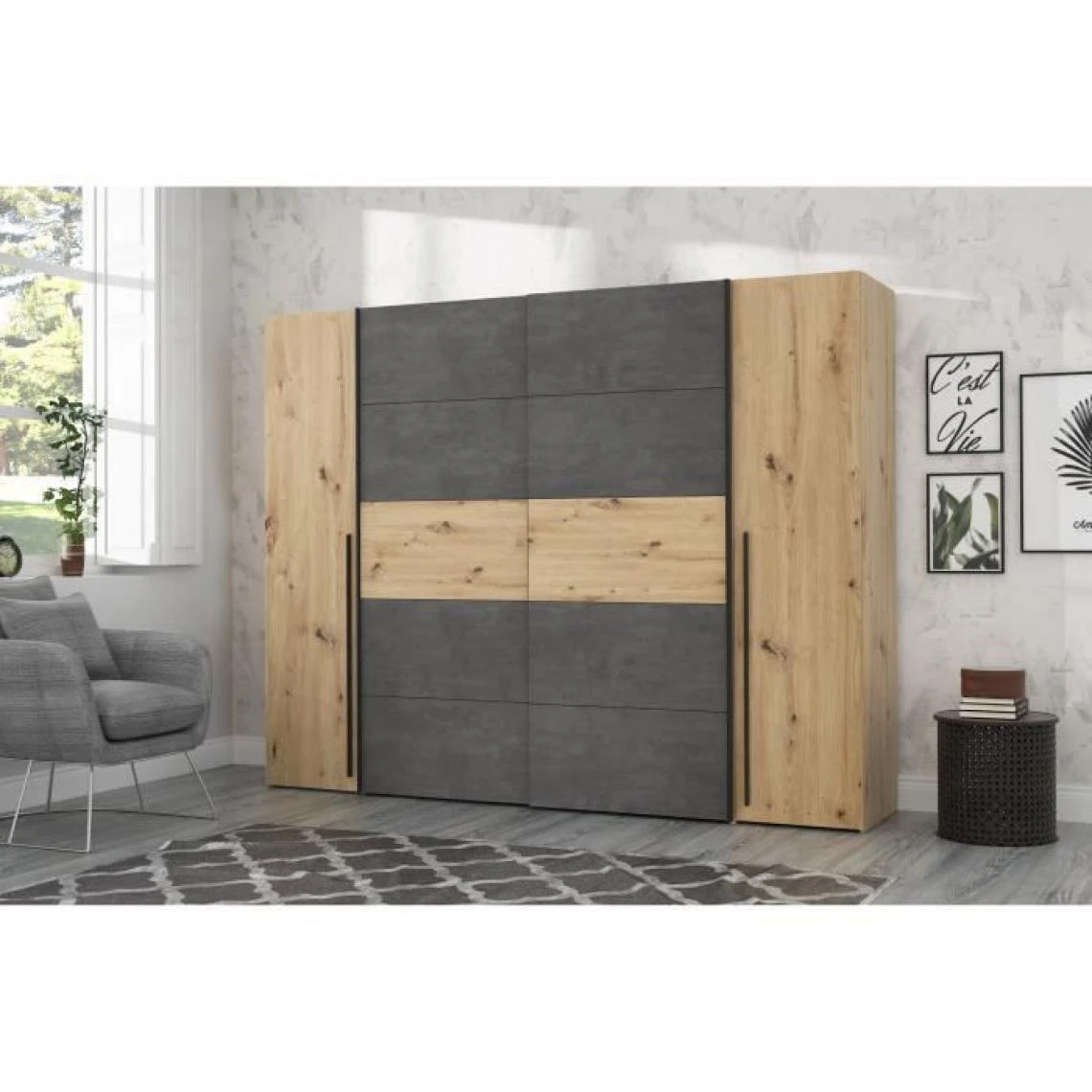 CSTORE NARAGO - Armoire Décor Chêne Artisan Et Béton Gris 2 Portes Batta... 3 CSTORE NARAGO - Armoire Décor Chêne Artisan Et Béton Gris 2 Portes Batta... – Image 3