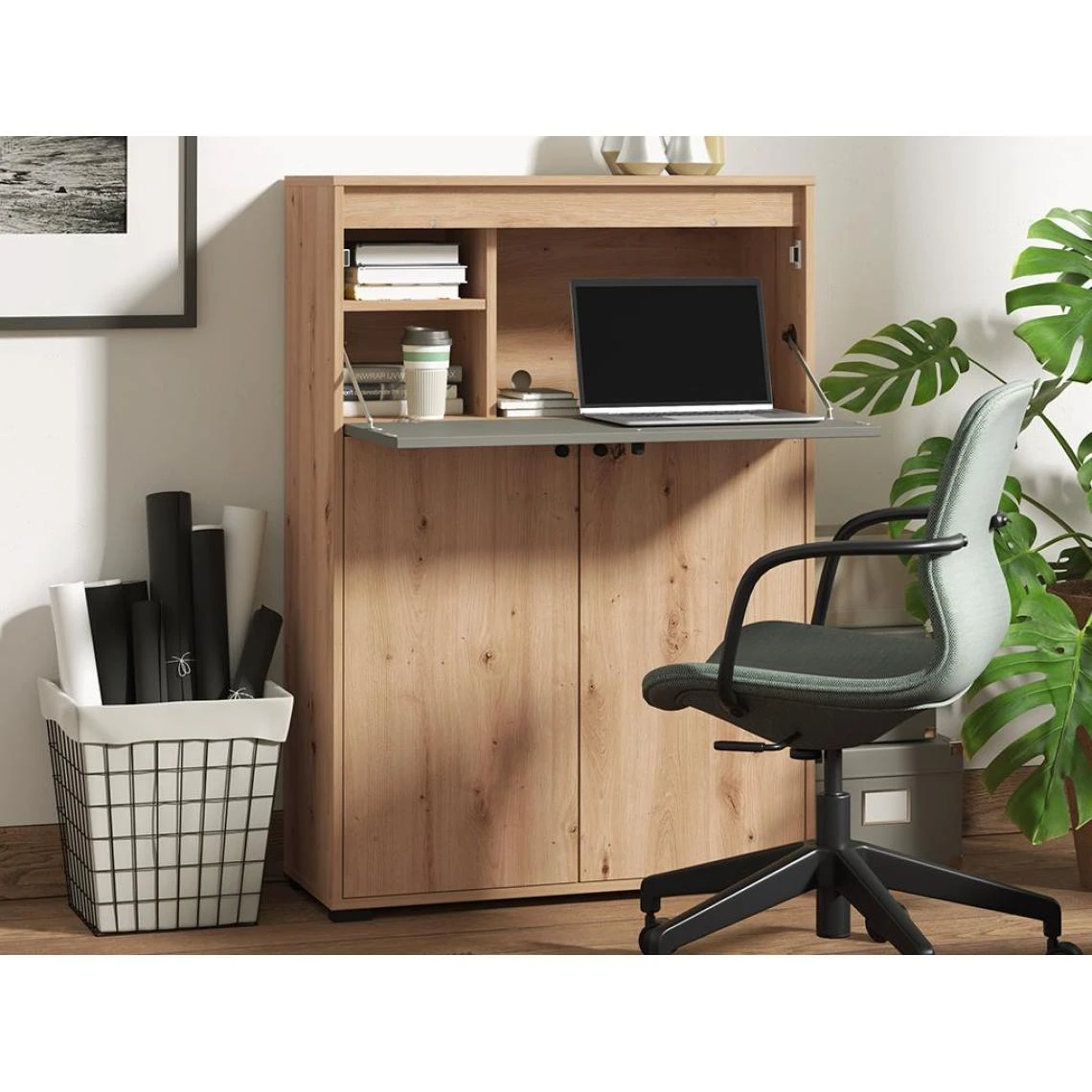 Vente-unique Secrétaire 2 Portes - Coloris : Naturel Et Gris - IDONAR 2 Vente-unique Secrétaire 2 Portes - Coloris : Naturel Et Gris - IDONAR – Image 2