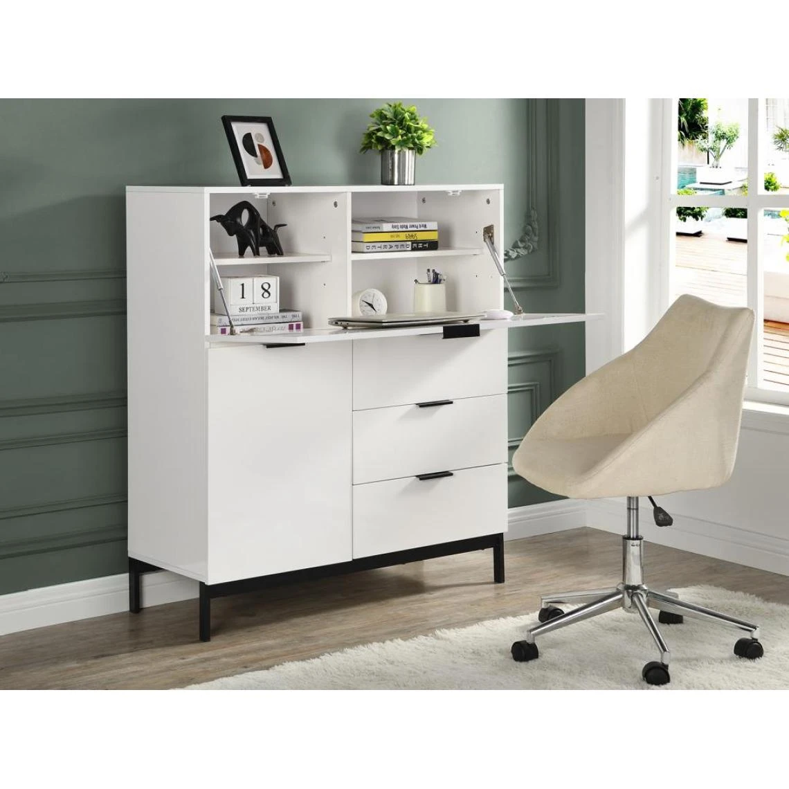 Vente-unique Secrétaire Avec 2 Porte Et 3 Tiroirs - MDF Et Métal - Blanc Laqué -... 1 Vente-unique Secrétaire Avec 2 Porte Et 3 Tiroirs - MDF Et Métal - Blanc Laqué -...