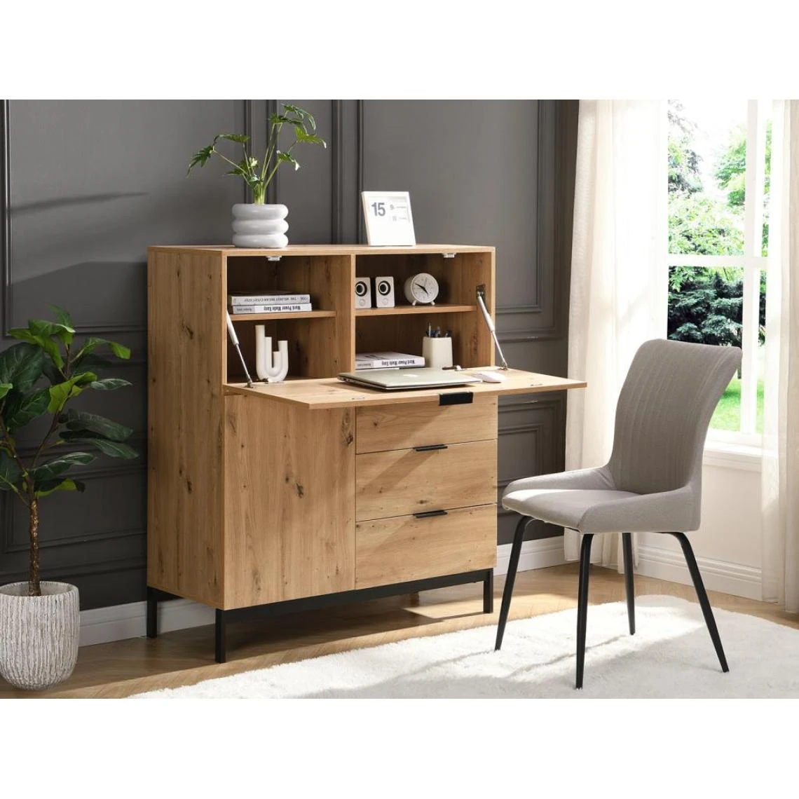 Vente-unique Secrétaire Avec 2 Porte Et 3 Tiroirs - MDF Et Métal - Coloris : Natu... 1 Vente-unique Secrétaire Avec 2 Porte Et 3 Tiroirs - MDF Et Métal - Coloris : Natu...