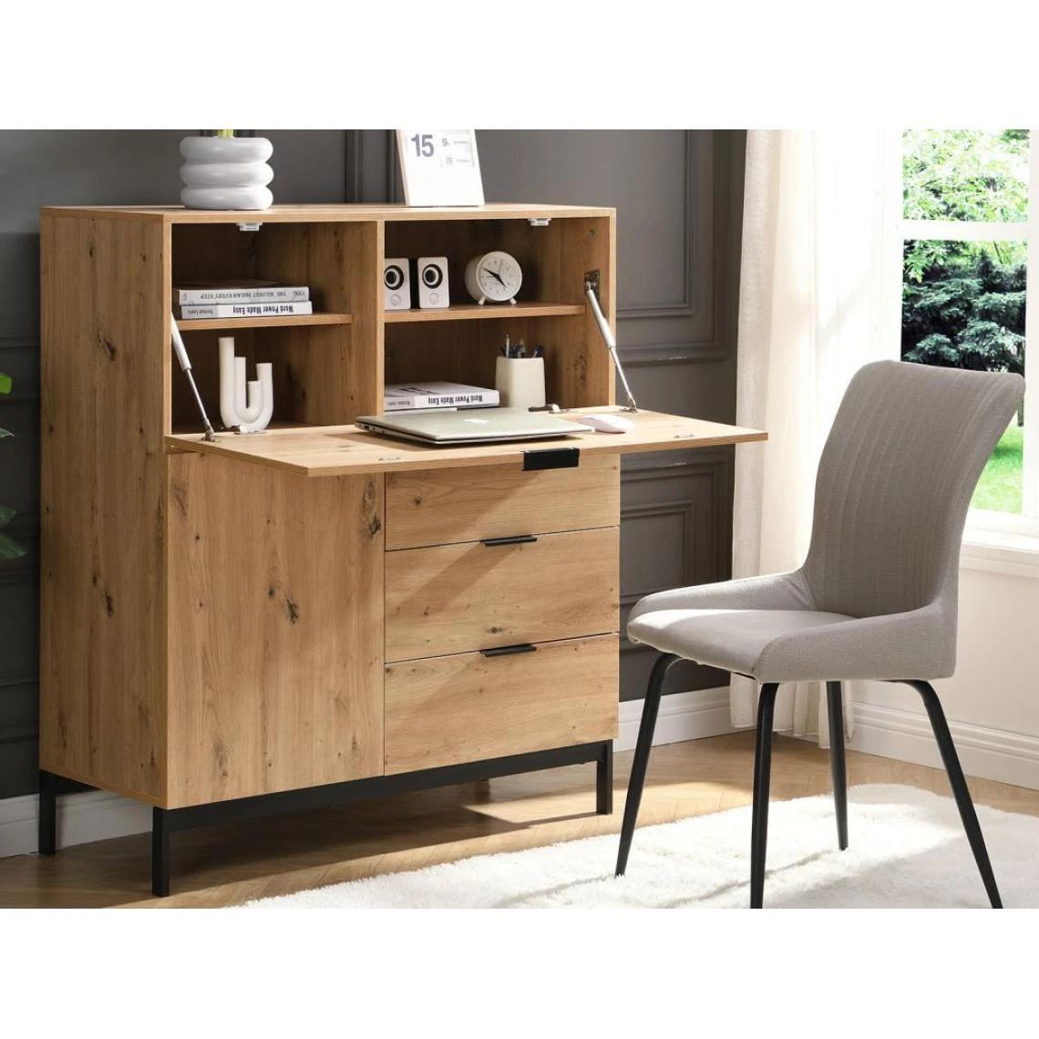 Vente-unique Secrétaire Avec 2 Porte Et 3 Tiroirs - MDF Et Métal - Coloris : Natu... 2 Vente-unique Secrétaire Avec 2 Porte Et 3 Tiroirs - MDF Et Métal - Coloris : Natu... – Image 2