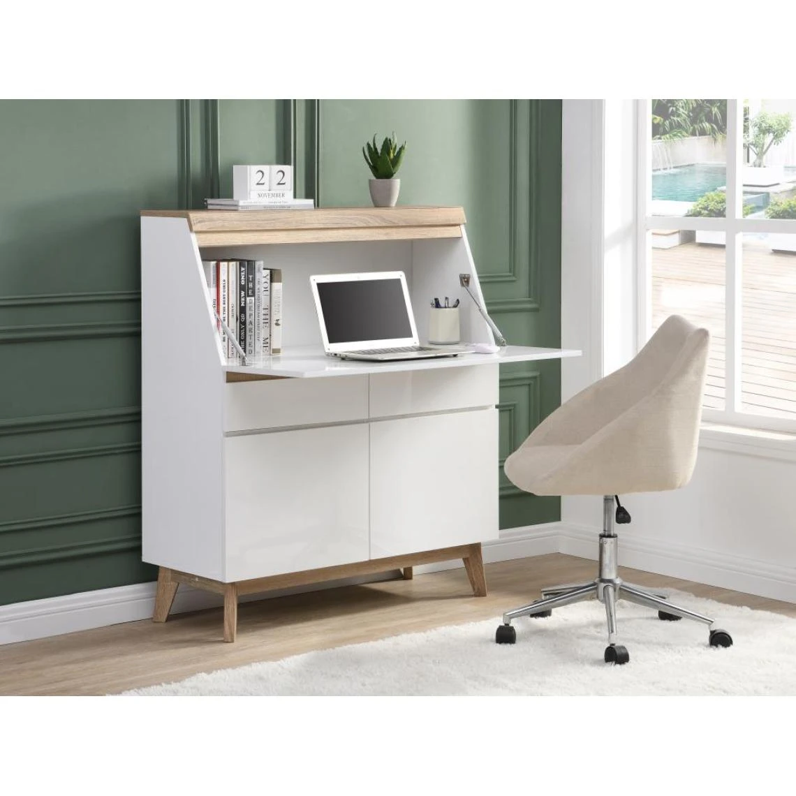 Vente-unique Secrétaire Avec 2 Portes Et 2 Tiroirs - MDF - Blanc Et Naturel - RILE... 1 Vente-unique Secrétaire Avec 2 Portes Et 2 Tiroirs - MDF - Blanc Et Naturel - RILE...