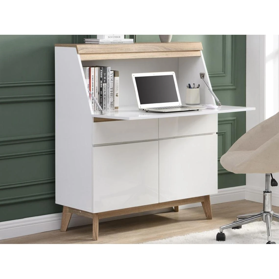 Vente-unique Secrétaire Avec 2 Portes Et 2 Tiroirs - MDF - Blanc Et Naturel - RILE... 2 Vente-unique Secrétaire Avec 2 Portes Et 2 Tiroirs - MDF - Blanc Et Naturel - RILE... – Image 2