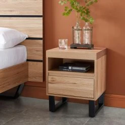 Baita Table De Chevet FELIX Effet Chêne Et Pieds En Métal 1 Tiroir Et 1 Ni...