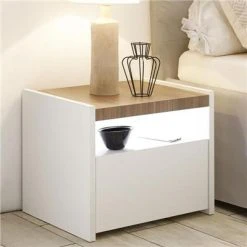 NOUVOMEUBLE Table De Chevet LED Blanc Et Couleur Bois DEBORAH (lot De 2)