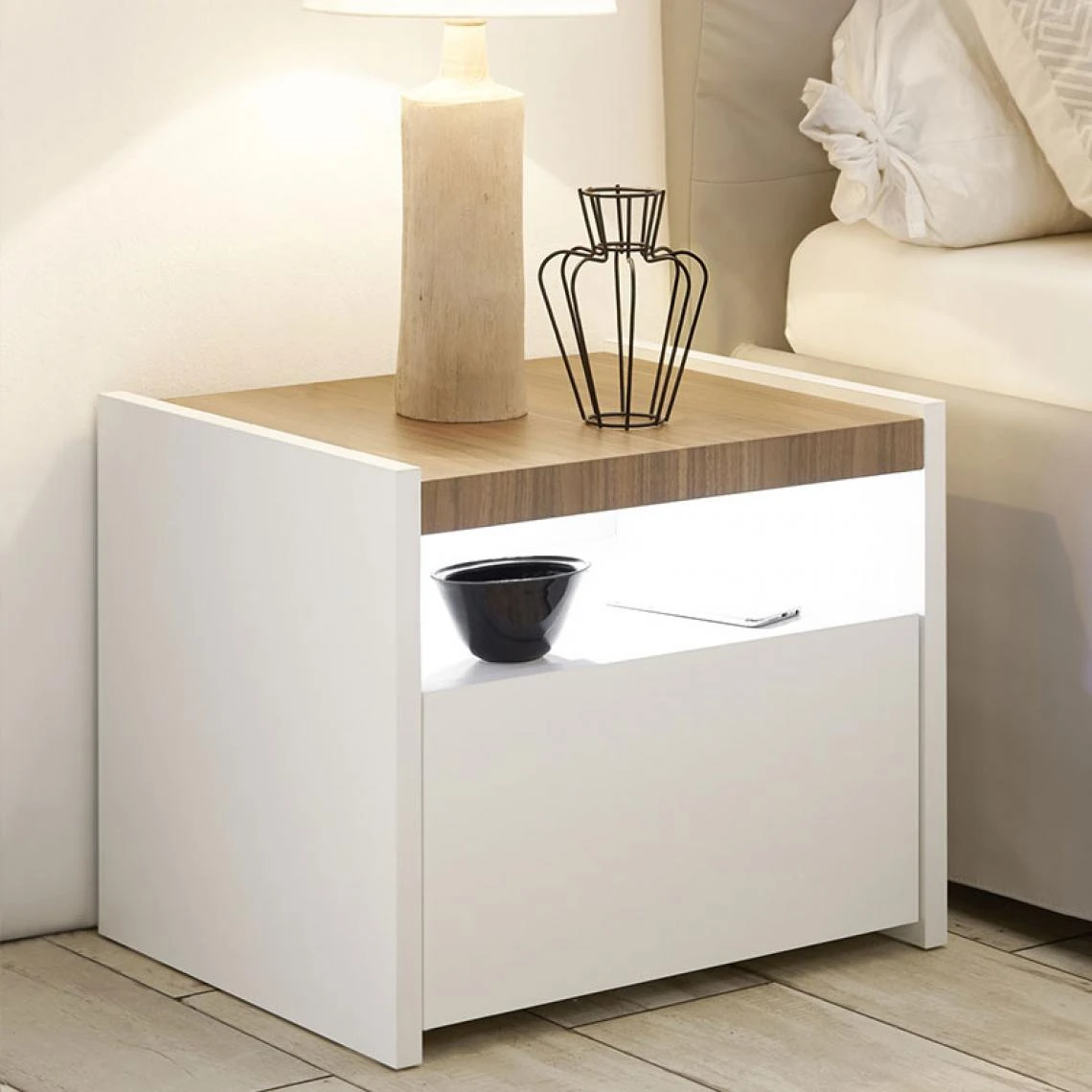 NOUVOMEUBLE Table De Chevet LED Blanc Et Couleur Bois DEBORAH (lot De 2) 2 NOUVOMEUBLE Table De Chevet LED Blanc Et Couleur Bois DEBORAH (lot De 2) – Image 2