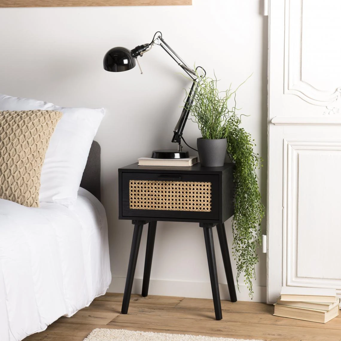 MACABANE Table De Chevet Noir 1 Tiroir Cannage - MIGUEL 4 MACABANE Table De Chevet Noir 1 Tiroir Cannage - MIGUEL – Image 4