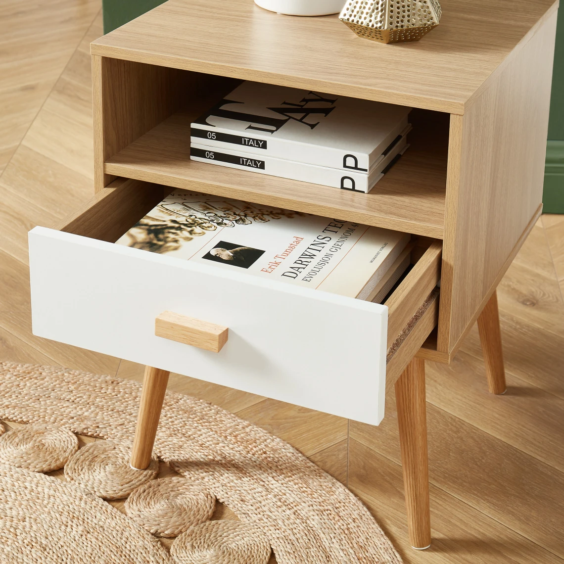 Baita Table De Chevet ULOS Décor Bois Et Blanc 1 Tiroir 1 Niche - L40cm 3 Baita Table De Chevet ULOS Décor Bois Et Blanc 1 Tiroir 1 Niche - L40cm – Image 3